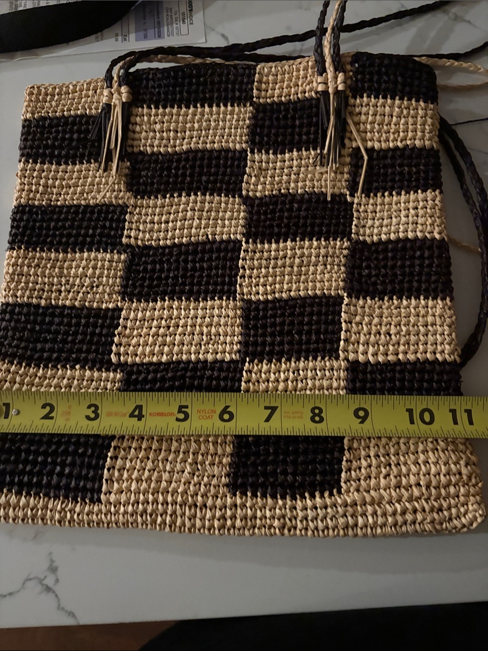 Checkerboard Woven Tote Bag in Black and Natural - Picture 3 of 5
